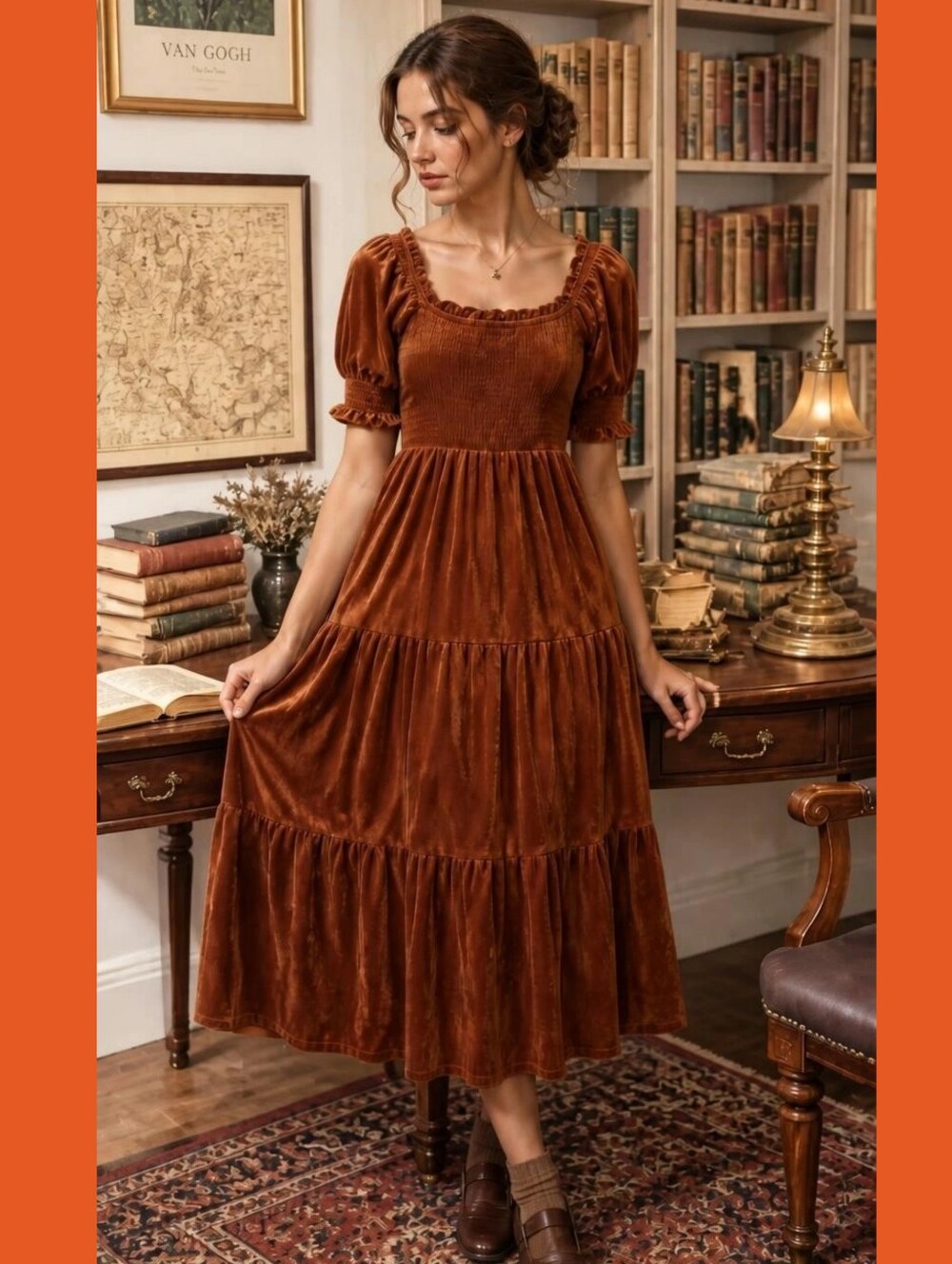 Rust Velvet Smocked Midi Dress Puff Sleeve Tiered Boho XL